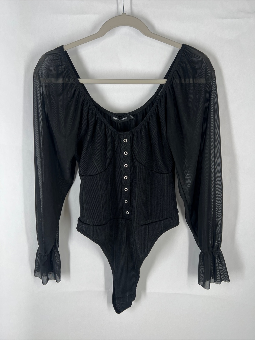 PrettyLittleThing Black Ribbed Mesh Sleeve‎ Bodysuit US 12 NWT